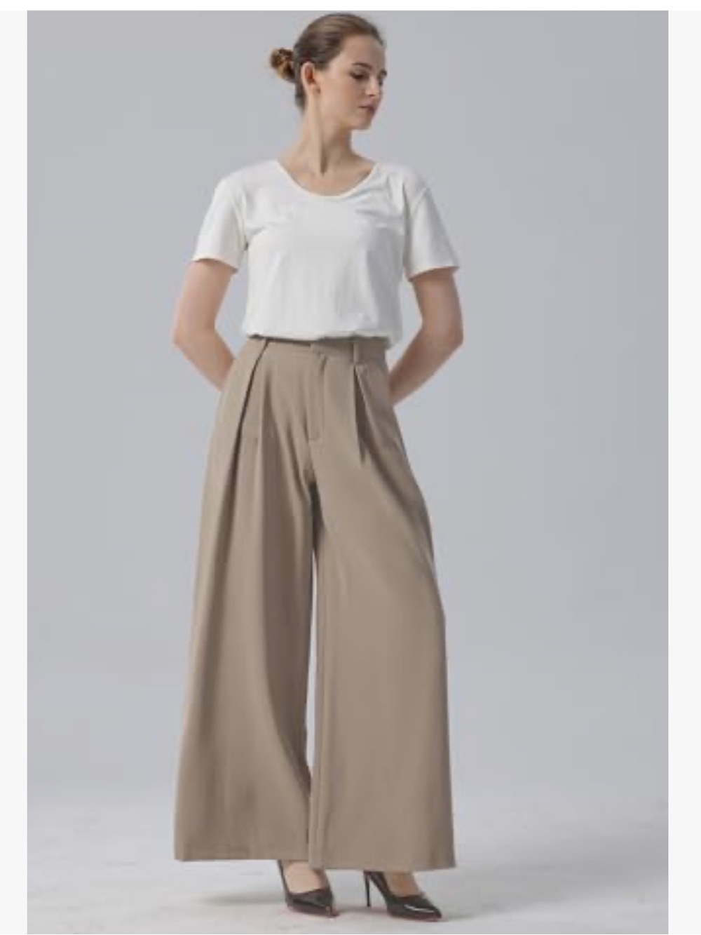 Tronjari Wide-Leg Pleated Trousers in Taupe - Women Pants size Large